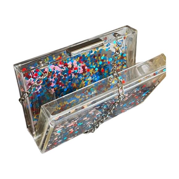 Acrylic Confetti Glitter Hard Clutch Purse Handbag chain strap clear rainbow y2k - Picture 6 of 14